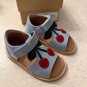 Light Blue Patent Kids Sandals with Cherry Accent - Hook & Loop Closure